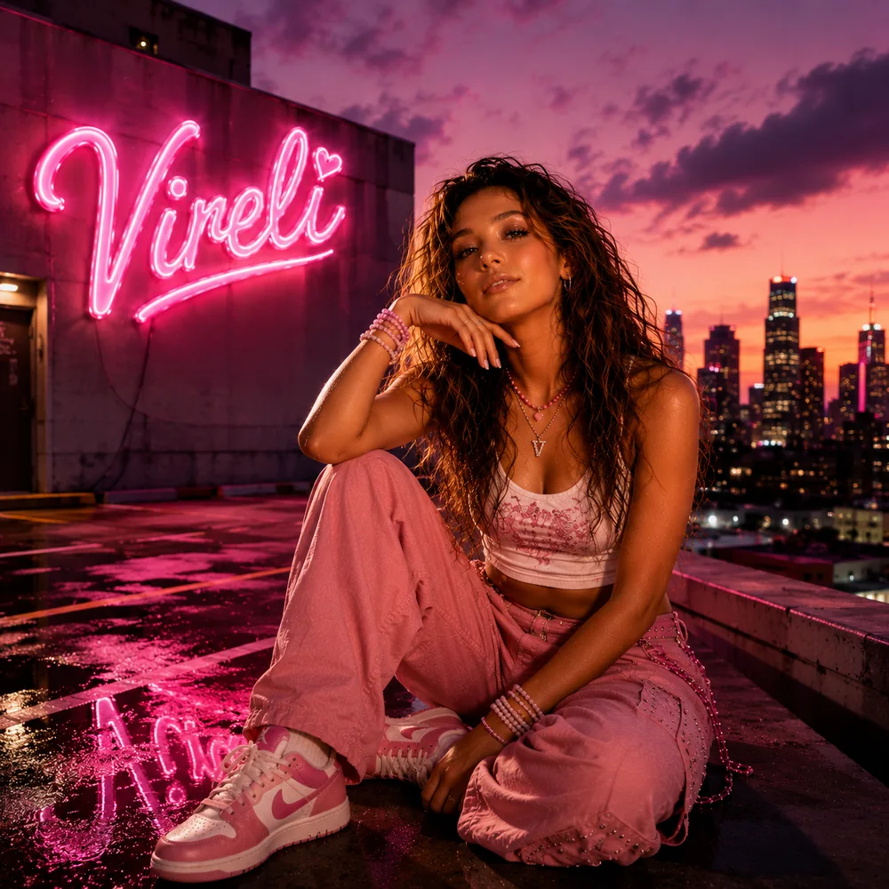 Vireli on a neon-lit rooftop